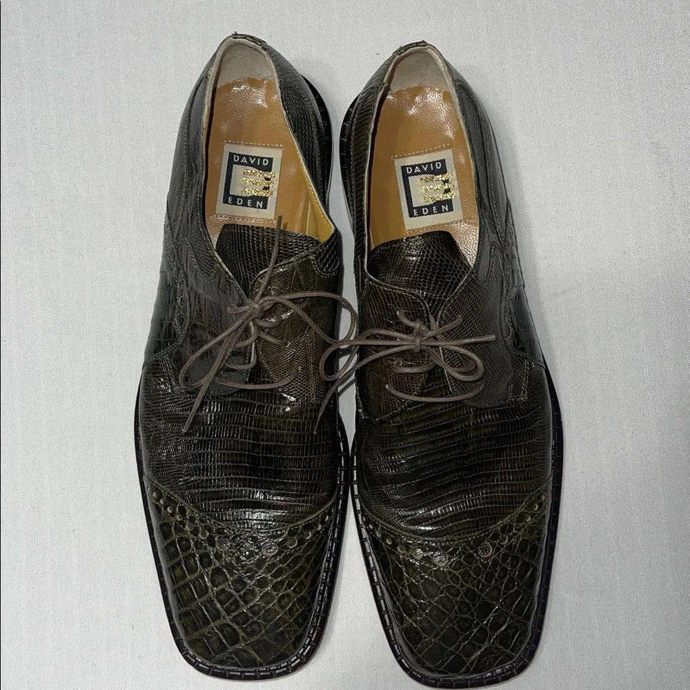 David Eden Sophisticated Olive Crocodile Lizard Derby Shoes